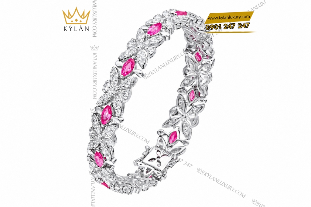 Lắc tay vàng trắng Au750 đính sapphire hồng