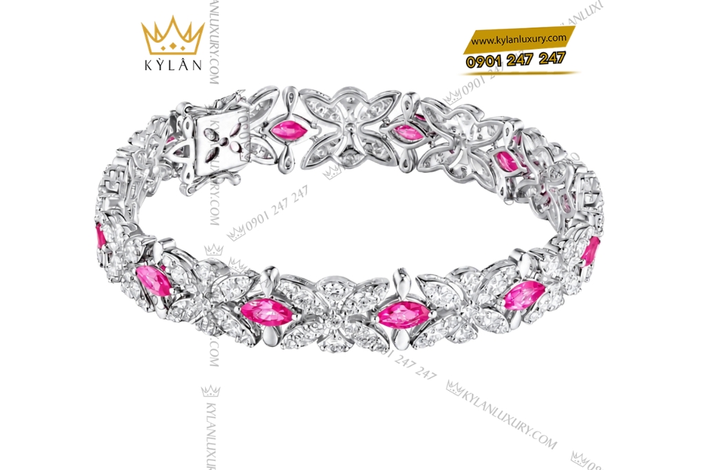Kỳ Lân Luxury Lac tay vang trang Au750 dinh sapphire hong 5 Lắc tay vàng trắng Au750 đính sapphire hồng