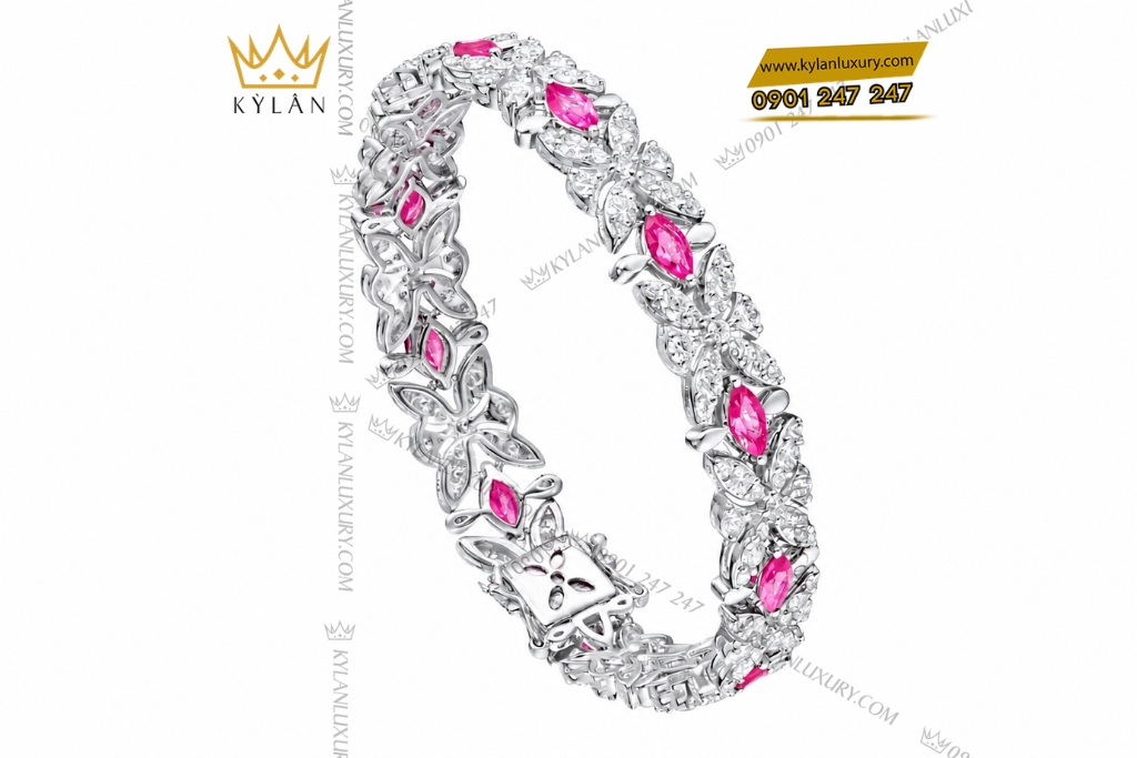 Lắc tay vàng trắng Au750 đính sapphire hồng