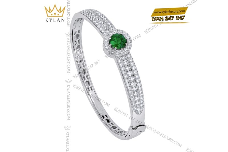 Vòng tay vàng trắng Au750 đính sapphire xanh lá