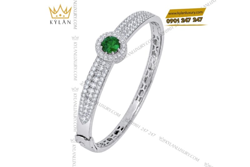 Vòng tay vàng trắng Au750 đính sapphire xanh lá
