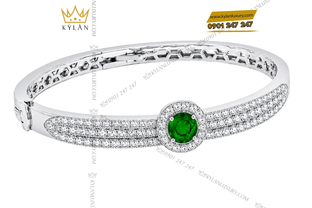 Vòng tay vàng trắng Au750 đính sapphire xanh lá 6 Vòng tay vàng trắng Au750 đính sapphire xanh lá