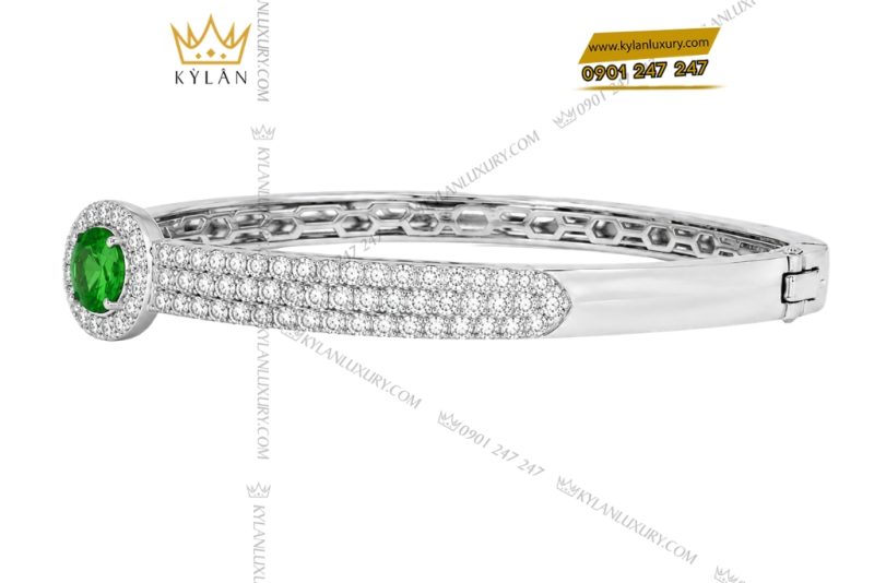Vòng tay vàng trắng Au750 đính sapphire xanh lá