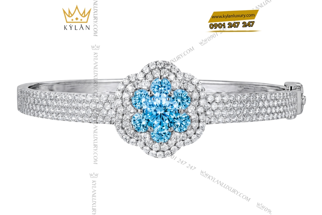 Vòng tay vàng trắng đính Au750 đính đá Topaz 8 Kỳ Lân Luxury Lac tay vang trang dinh Au750 dinh da Topaz 2 Vòng tay vàng trắng đính Au750 đính đá Topaz