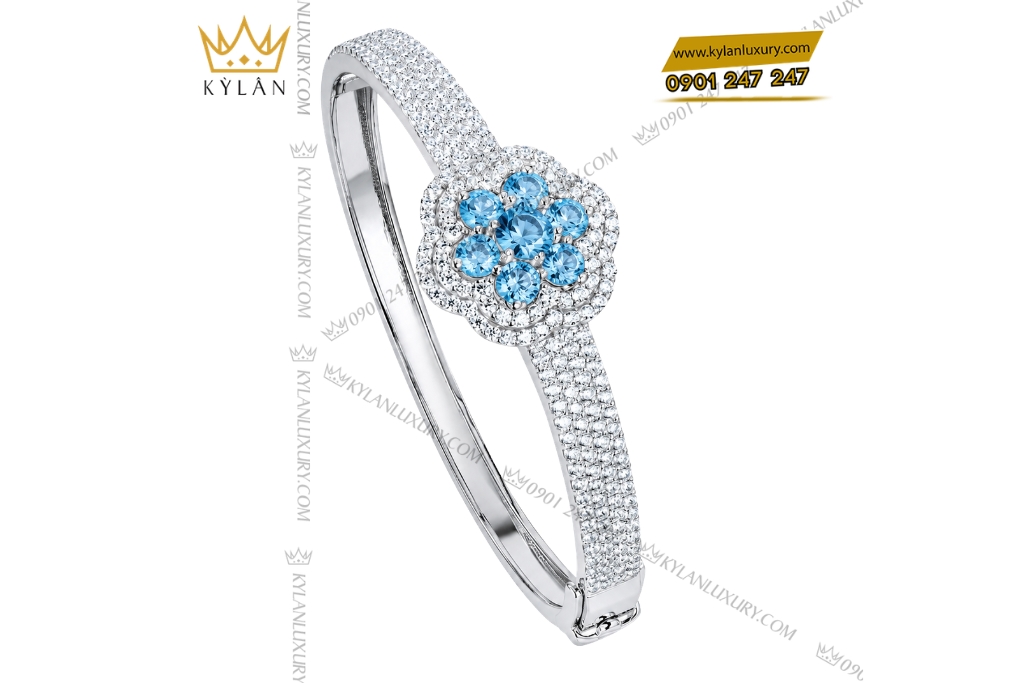 Vòng tay vàng trắng đính Au750 đính đá Topaz 9 Kỳ Lân Luxury Lac tay vang trang dinh Au750 dinh da Topaz 3 Vòng tay vàng trắng đính Au750 đính đá Topaz