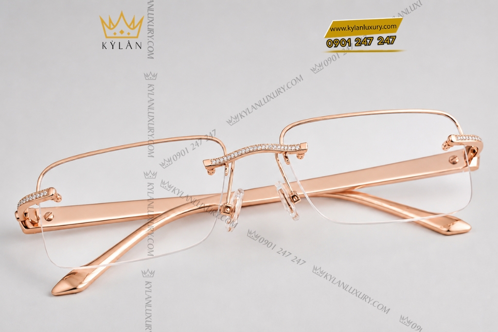 Mắt kính vàng hồng Au750 đính kim cương 