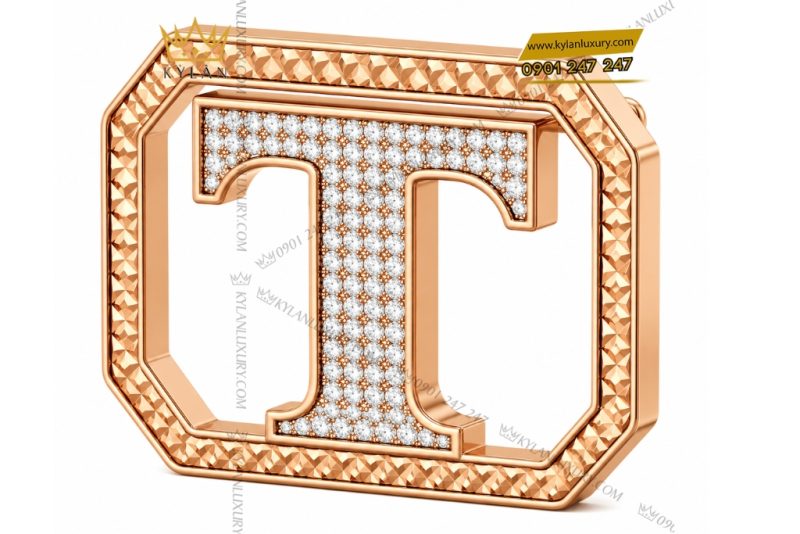Mặt thắt lưng chữ T vàng hồng Au750 đính kim cương