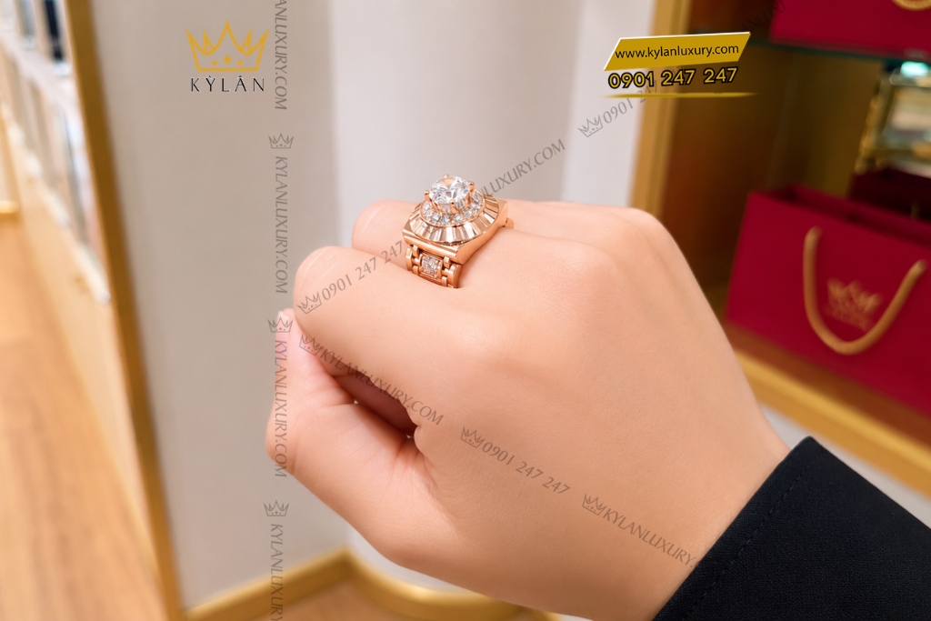 Nhẫn Kỳ Lân Signature vàng hồng Au750 đính kim cương chủ 9ly1