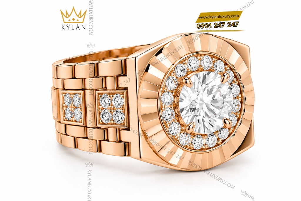 Nhẫn Kỳ Lân Signature vàng hồng Au750 đính kim cương chủ 9ly1