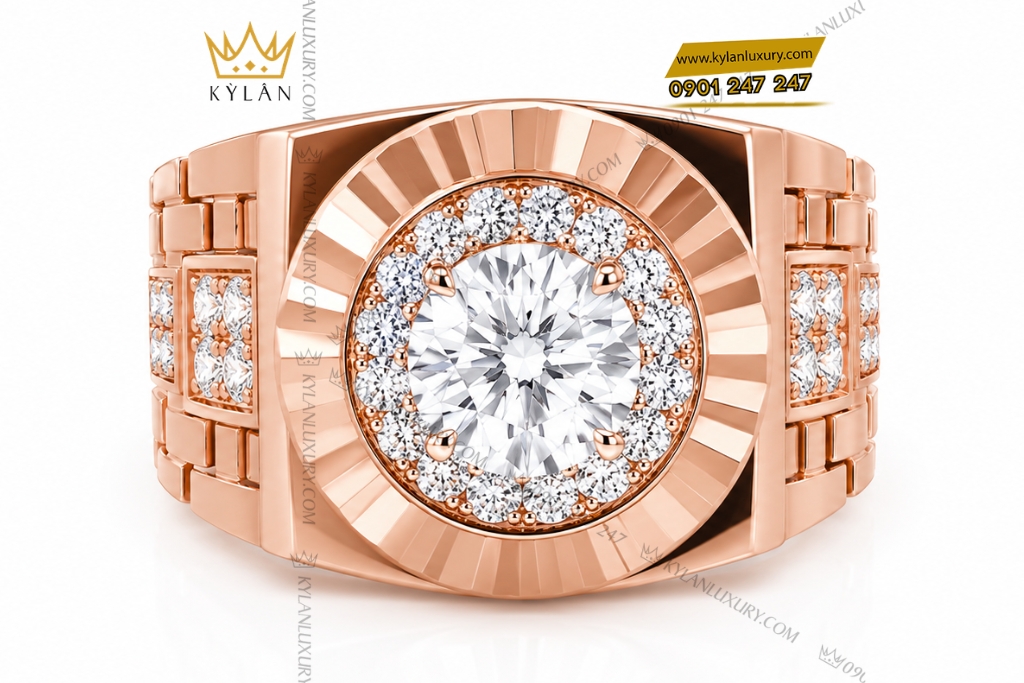 Nhẫn Kỳ Lân Signature vàng hồng Au750 đính kim cương chủ 9ly1