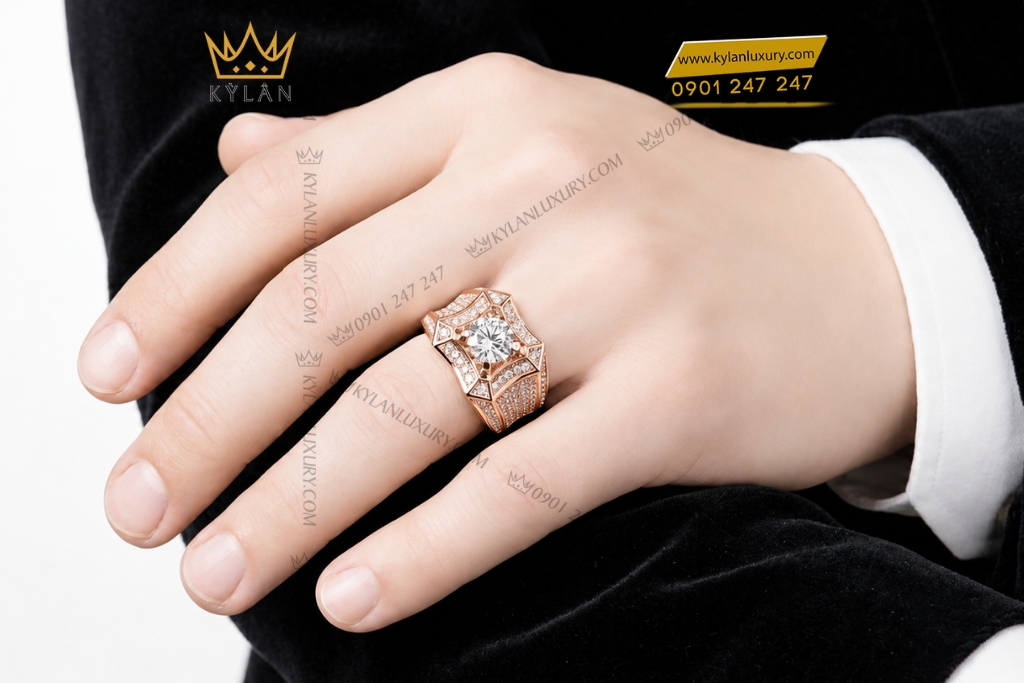 Kỳ Lân Luxury Nhan nam vang hong Au750 dinh kim cuong 10 Nhẫn nam vàng hồng Au750 đính kim cương