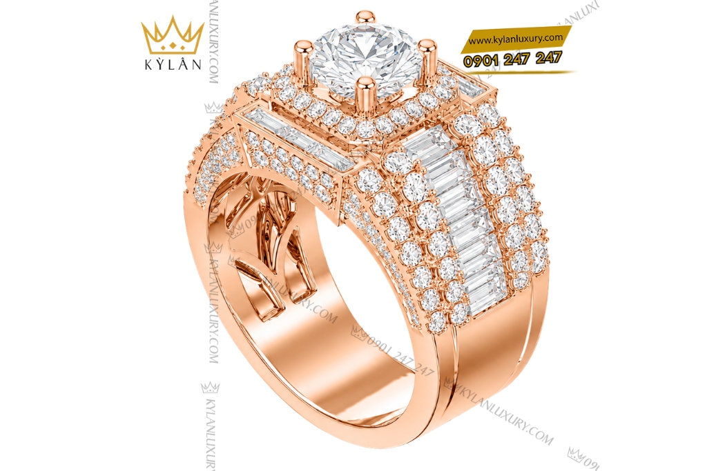 Nhẫn nam vàng hồng Au750 đính kim cương