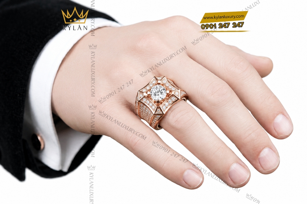  Nhẫn nam vàng hồng Au750 đính kim cương