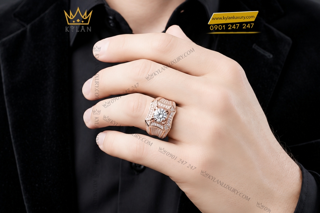 Kỳ Lân Luxury Nhan nam vang hong Au750 dinh kim cuong 9 Nhẫn nam vàng hồng Au750 đính kim cương