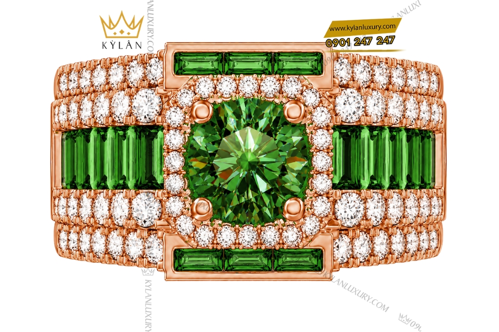 Nhẫn nam vàng hồng Au750 đính sapphire xanh lá