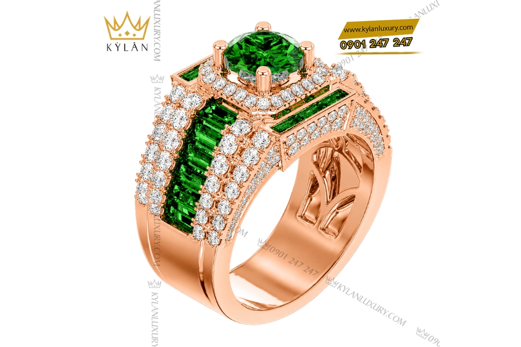 Kỳ Lân Luxury Nhan nam vang hong Au750 dinh sapphire xanh la 2 Nhẫn nam vàng hồng Au750 đính sapphire xanh lá