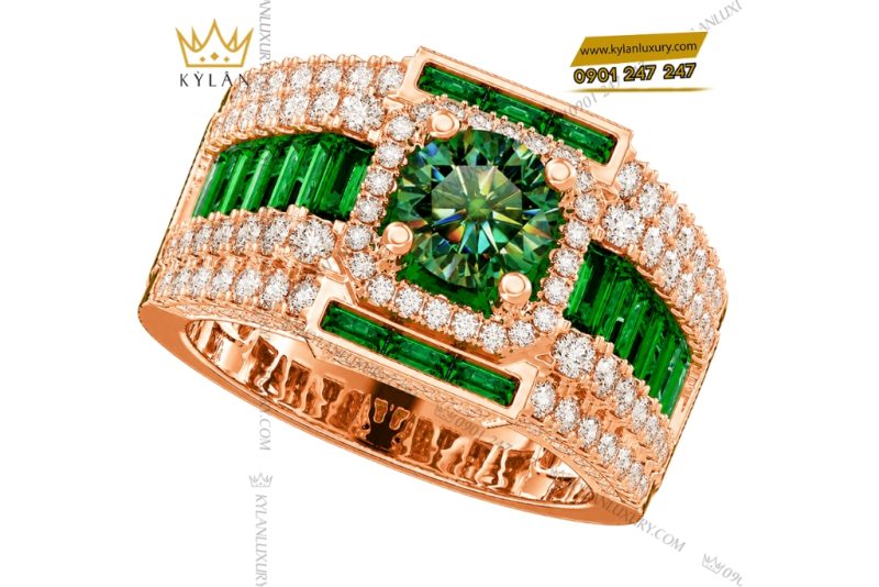Nhẫn nam vàng hồng Au750 đính sapphire xanh lá
