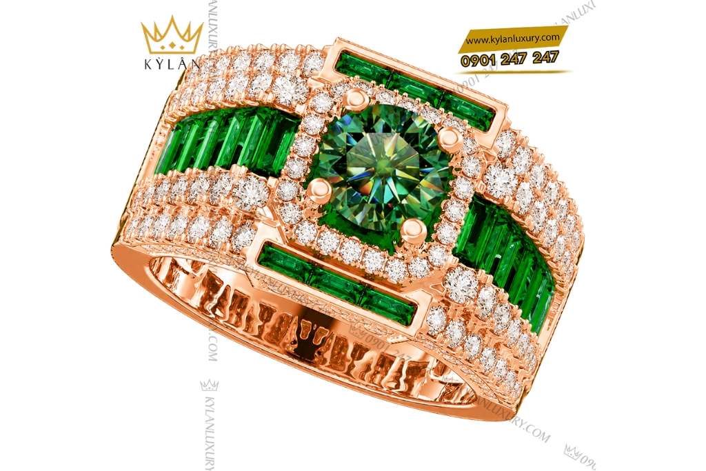 Nhẫn nam vàng hồng Au750 đính sapphire xanh lá