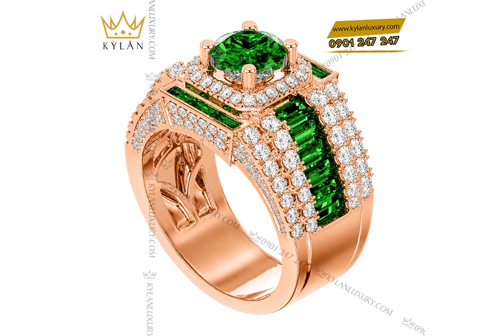 Nhẫn nam vàng hồng Au750 đính sapphire xanh lá