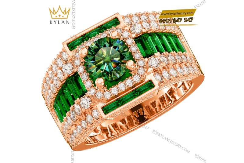 Nhẫn nam vàng hồng Au750 đính sapphire xanh lá