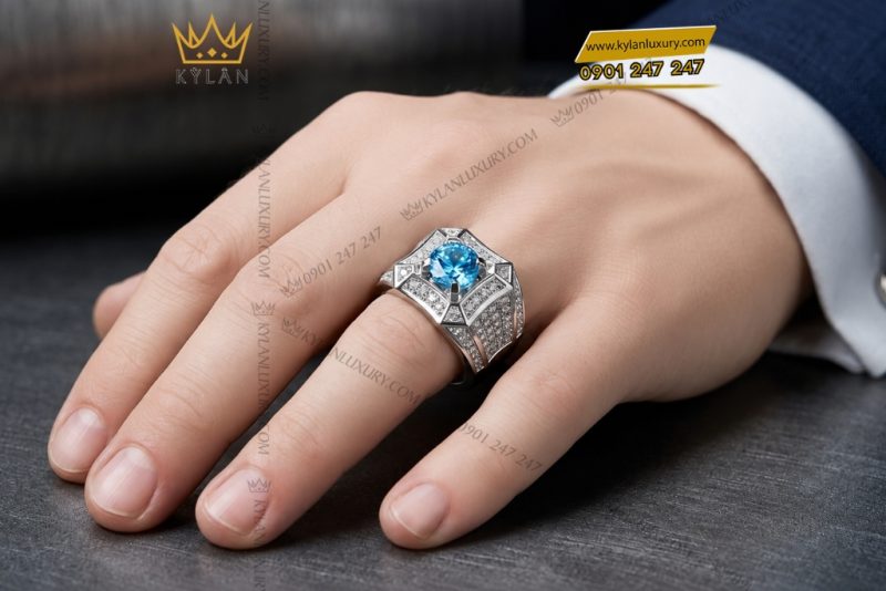 Nhẫn nam vàng trắng Au750 đính đá Topaz