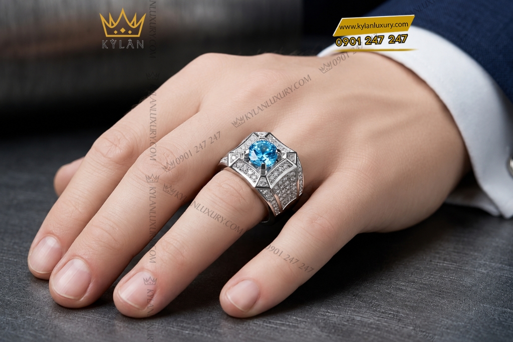 Kỳ Lân Luxury Nhan nam vang trang Au750 dinh da Topaz 10 Nhẫn nam vàng trắng Au750 đính đá Topaz