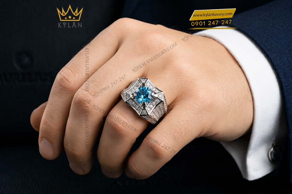 Nhẫn nam vàng trắng Au750 đính đá Topaz 