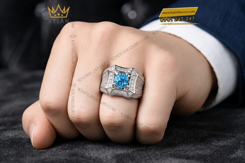 Nhẫn nam vàng trắng Au750 đính đá Topaz