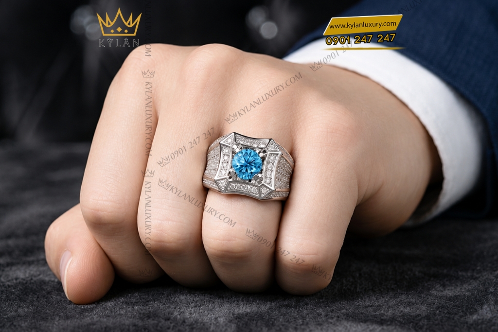 Nhẫn nam vàng trắng Au750 đính đá Topaz 