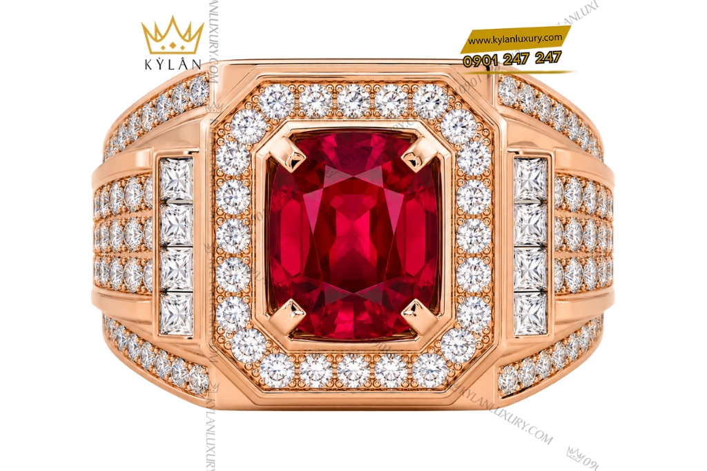 Nhẫn nam vàng hồng Au750 đính kim cương và sapphire đỏ