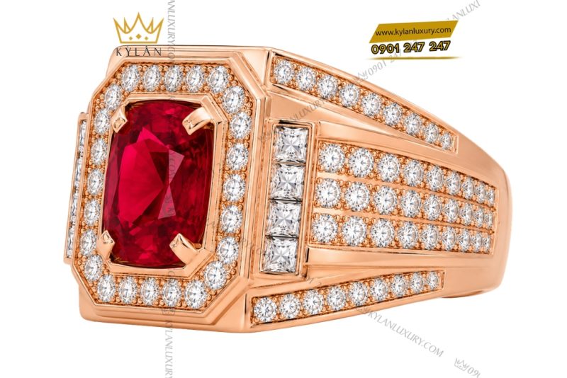 Nhẫn nam vàng hồng Au750 đính kim cương và sapphire đỏ