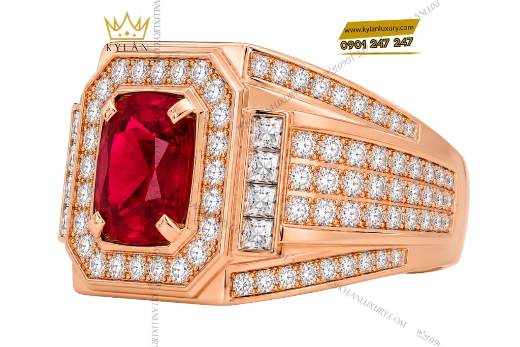 Kỳ Lân Luxury Nhan nam vang trang Au750 dinh kim cuong va sapphire do 3 1 Nhẫn nam vàng hồng Au750 đính kim cương và sapphire đỏ