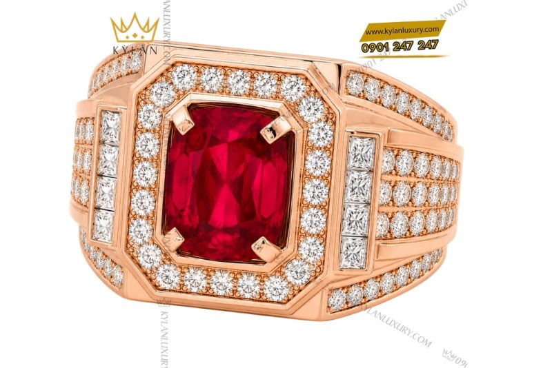 Nhẫn nam vàng hồng Au750 đính kim cương và sapphire đỏ