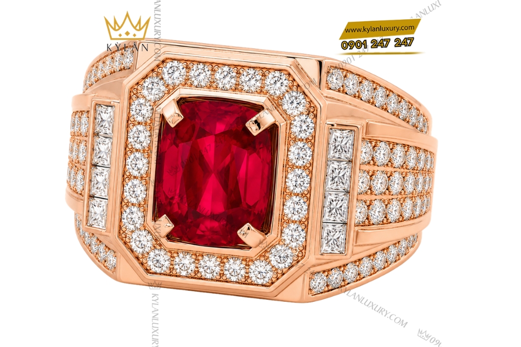Nhẫn nam vàng hồng Au750 đính kim cương và sapphire đỏ