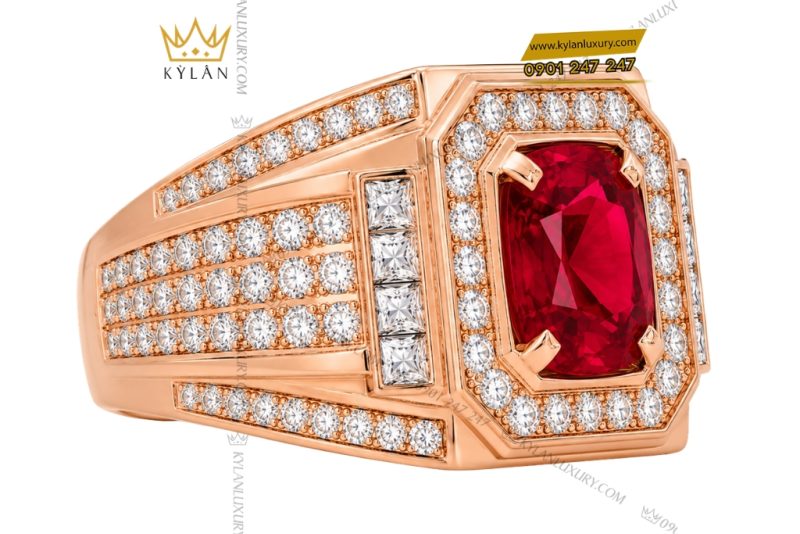 Nhẫn nam vàng hồng Au750 đính kim cương và sapphire đỏ