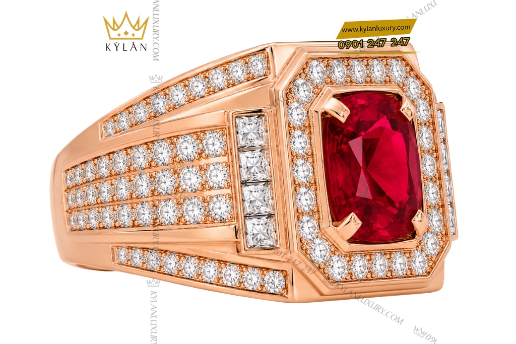 Nhẫn nam vàng hồng Au750 đính kim cương và sapphire đỏ