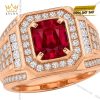 Nhẫn nam vàng hồng Au750 đính kim cương và sapphire đỏ
