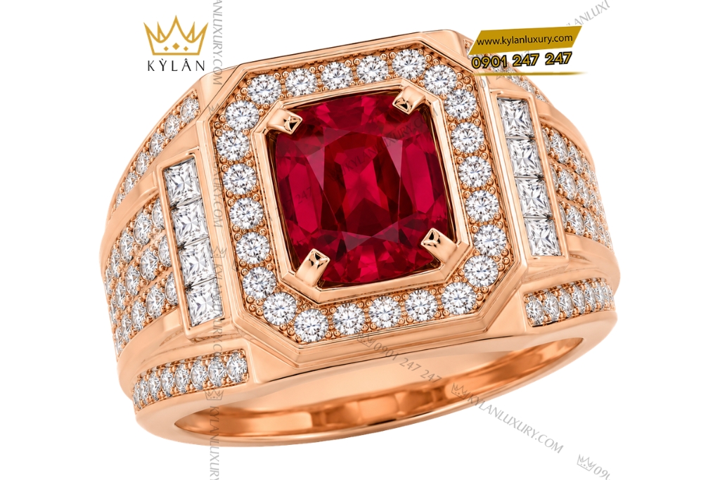 Nhẫn nam vàng hồng Au750 đính kim cương và sapphire đỏ