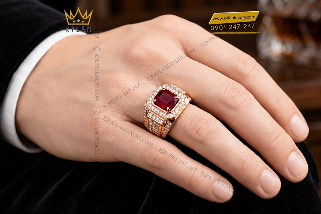 Kỳ Lân Luxury Nhan nam vang trang Au750 dinh kim cuong va sapphire do 8 1 Nhẫn nam vàng hồng Au750 đính kim cương và sapphire đỏ