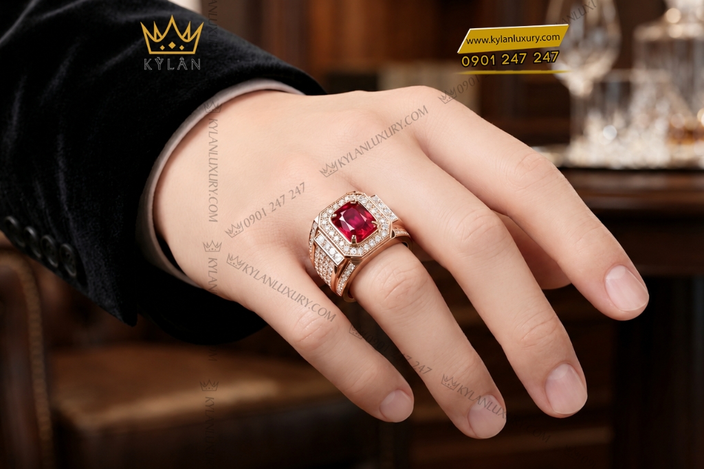 Nhẫn nam vàng hồng Au750 đính kim cương và sapphire đỏ