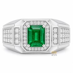 Nhẫn nam vàng trắng Au750 đính ngọc lục bảo