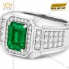 Nhẫn nam vàng trắng Au750 đính ngọc lục bảo