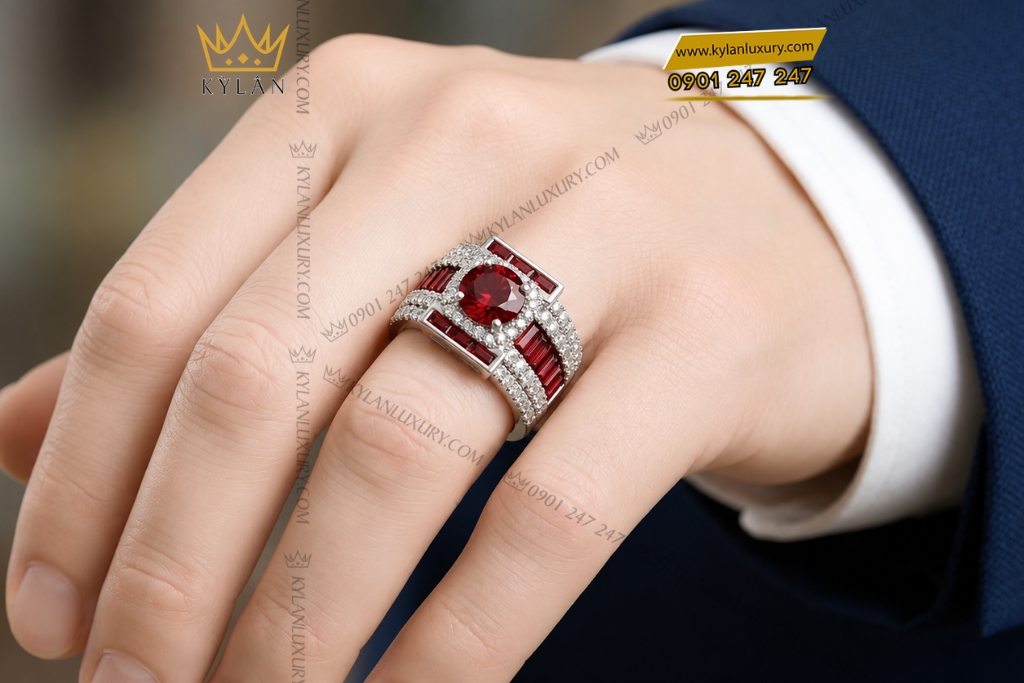 Nhẫn nam vàng trắng Au750 đính sapphire đỏ
