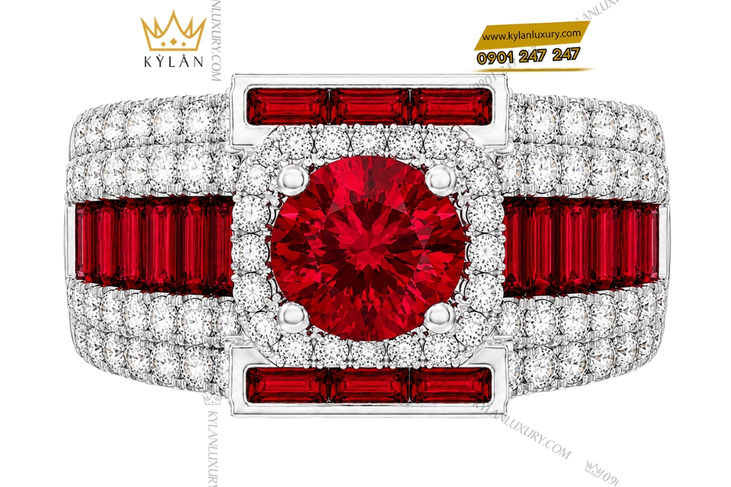 Nhẫn nam vàng trắng Au750 đính sapphire đỏ
