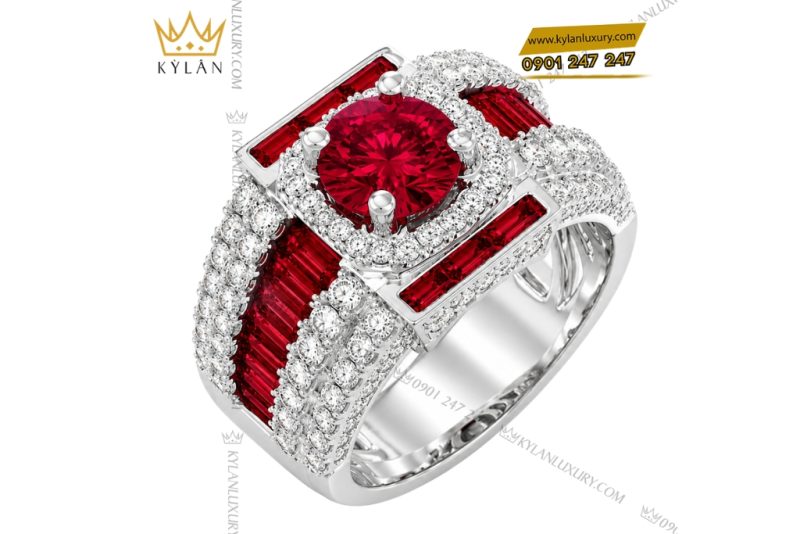 Nhẫn nam vàng trắng Au750 đính sapphire đỏ