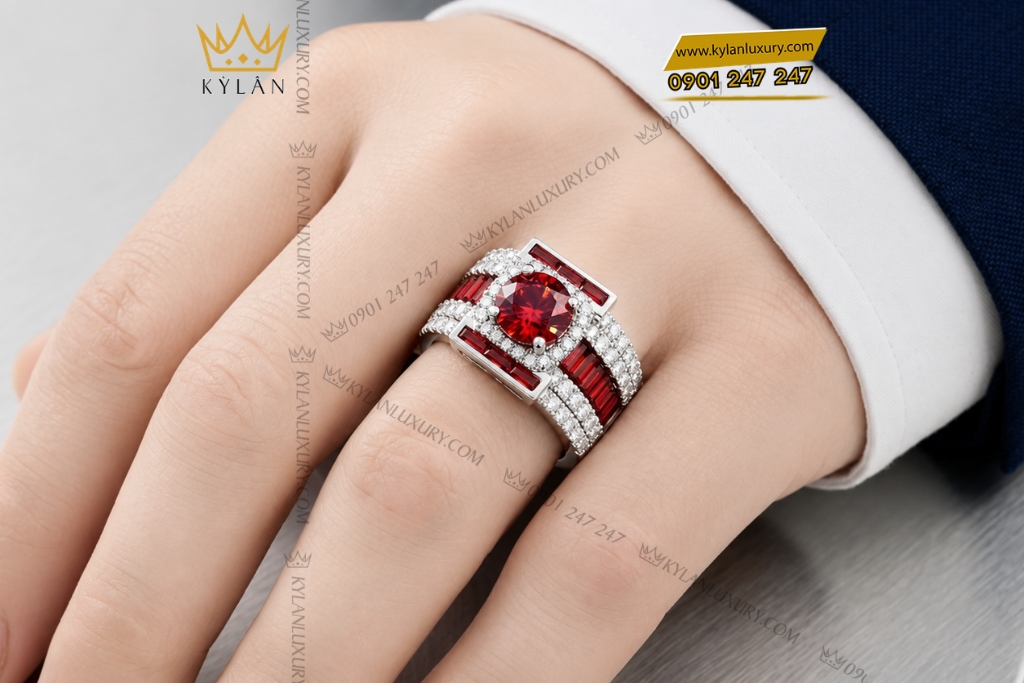 Nhẫn nam vàng trắng Au750 đính sapphire đỏ