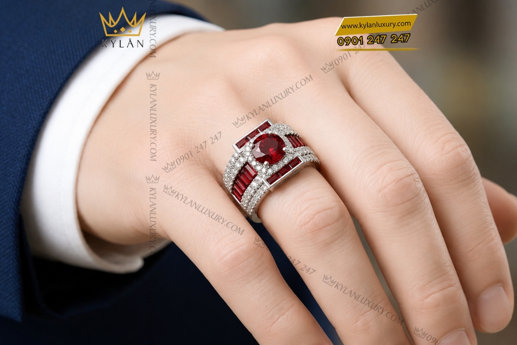 Kỳ Lân Luxury Nhan nam vang trang Au750 dinh sapphire do 9 Nhẫn nam vàng trắng Au750 đính sapphire đỏ