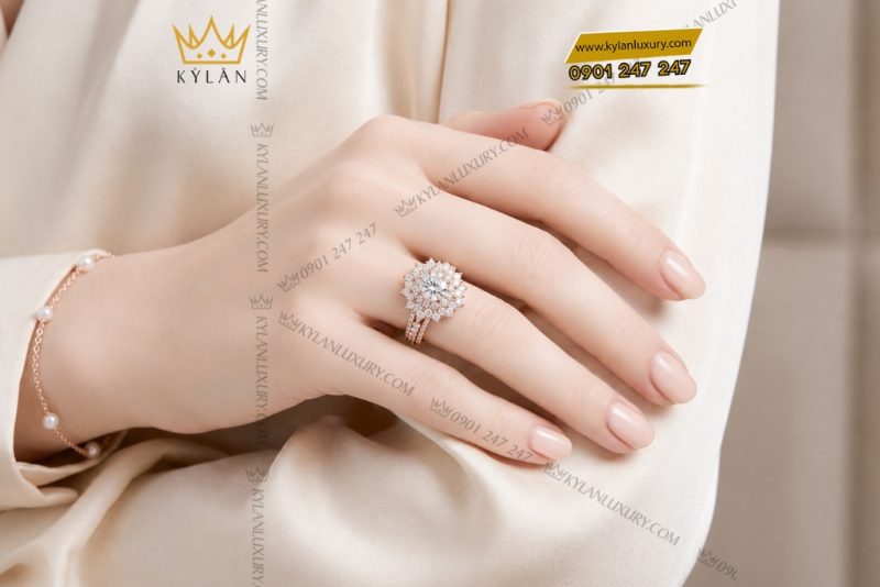Nhẫn nữ vàng hồng Au750 đính kim cương