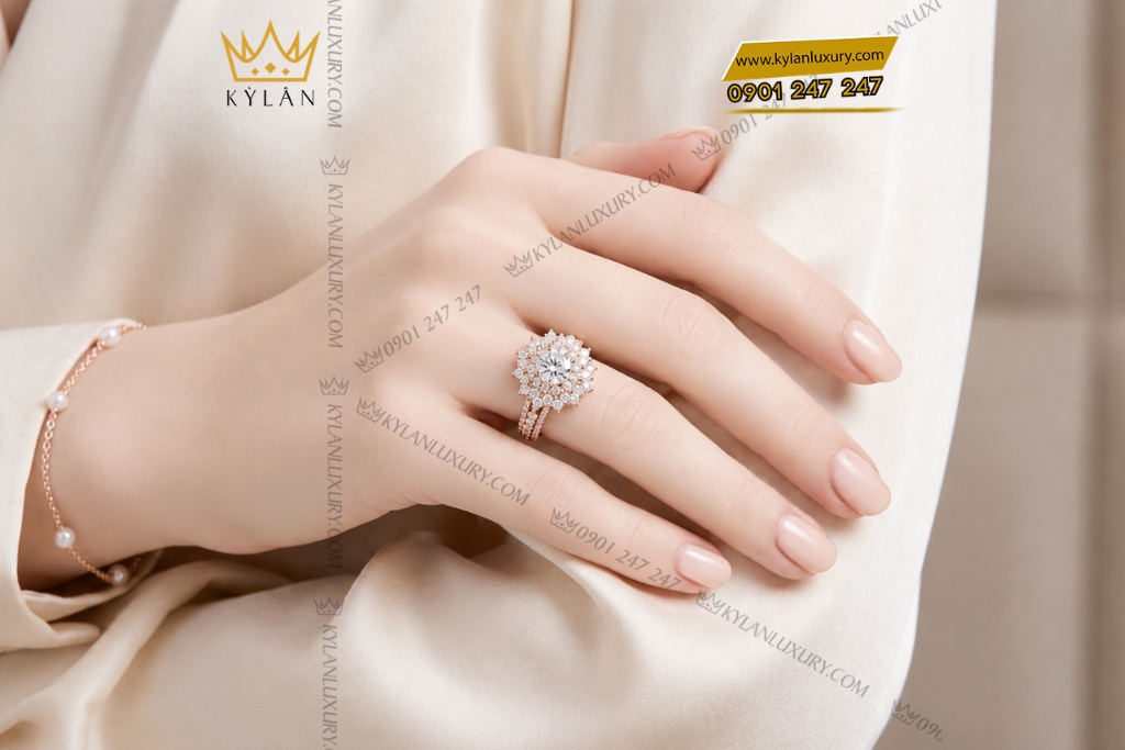 Nhẫn nữ vàng hồng Au750 đính kim cương