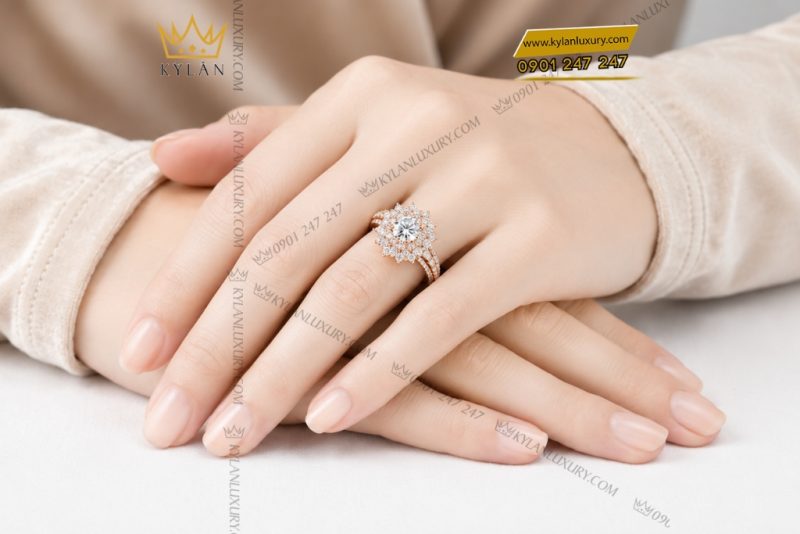 Nhẫn nữ vàng hồng Au750 đính kim cương